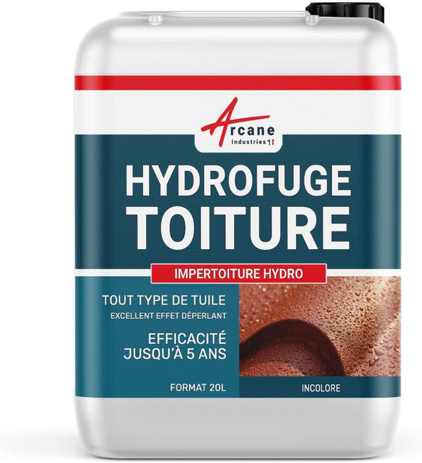 Hydrofuge Toiture Incolore, Tuiles, Béton, Pierre 20 L (jusqu'à 100 m²) | Imperméabilise, Traitement Hydrofuge, Protège des Taches, Toitures, Béton, Pierre et Supports Poreux - Arcane Industries