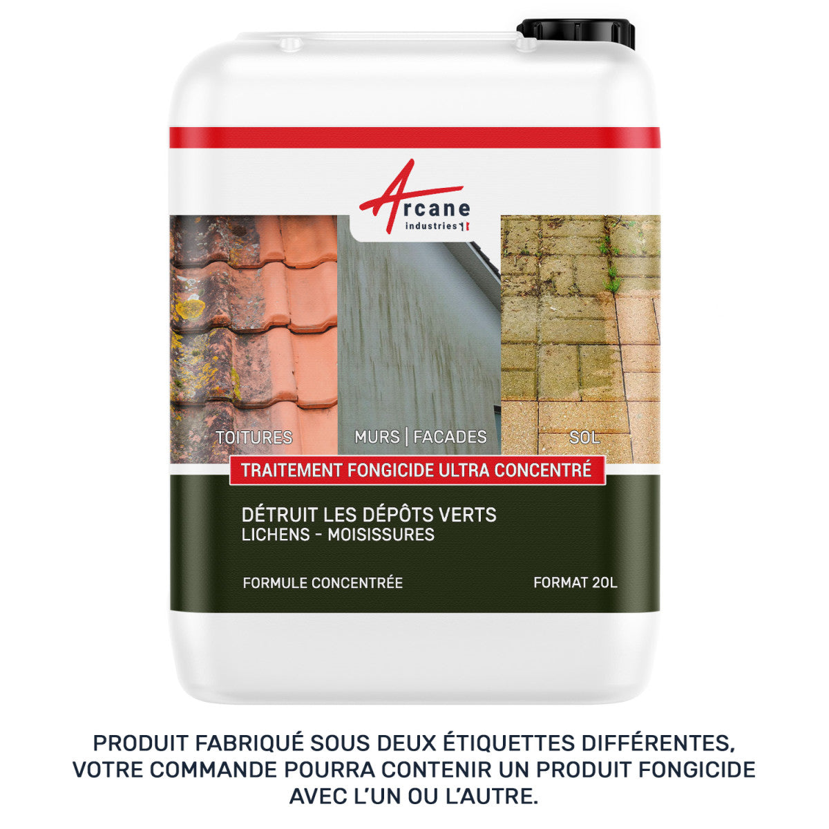 Anti Mousse Ultra Concentré Toiture Mur Façade Terrasse 20 L | Détruit Dépôts Verts, Lichens, Algues et Moisissures, Curatif et Préventif, Tous Supports Extérieurs - Arcane Industries